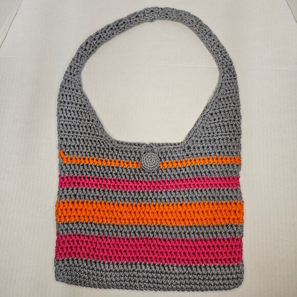 Vintage Handmade Gray/Pink/Orange Crocheted Shoulder Bag - Picture 1 of 8